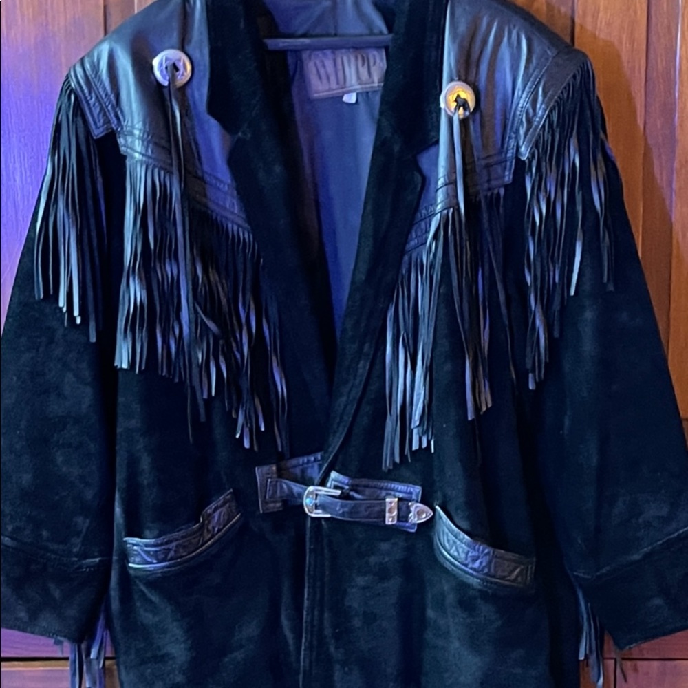 Vintage black leather / suede fringed jacket by Whipp